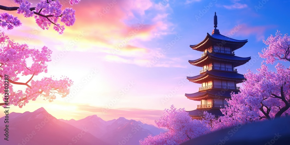 Obraz premium A serene landscape featuring a traditional pagoda surrounded by cherry blossoms at sunset, with mountains in the background.