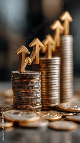 Growth in Financial Investments Displayed With Coins and Upward Arrows in a Modern Setting