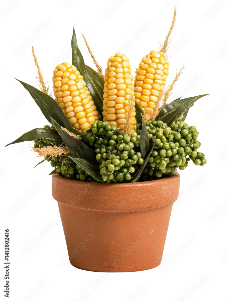 Fototapeta premium Vibrant corn arrangement in clay pot with fresh greenery and decorative grains perfect for rustic home decor