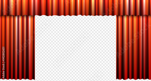 Open red velvet curtain on theatrical stage with panoramic view. Elegant vector backdrop for classic performance, glamorous event, cinema, concert, lecture or dramatic presentation mockup.