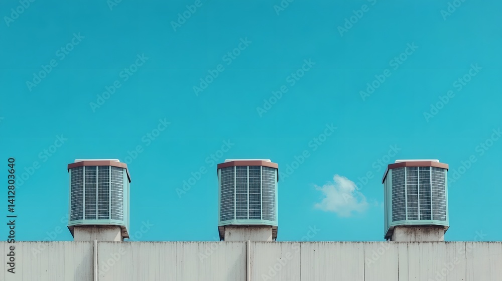 Row of Modern Industrial Cooling Units on High-Rise Building Rooftop against Blue Sky Row of Modern Industrial Cooling Units on High-Rise Building Rooftop against Blue Sky