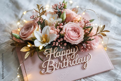 Fototapeta Naklejka Na Ścianę i Meble -  Elegant floral birthday card with soft pink roses and luminous fairy lights
