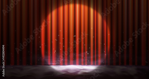 Red velvet stage curtain with spotlight, fog and glowing haze. Dramatic vector scene for theater, film, ballet or red carpet event. Perfect for glamorous show, performance or special occasion poster.