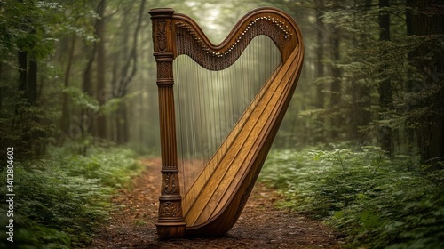 Antique harp in a misty forest