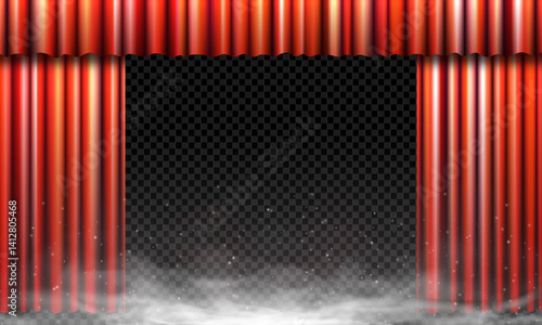Elegant red curtain opens on stage with fog, sparkles and spotlight beam. Vector illustration for theater, award ceremony, casino show or premium event. Dramatic and luxurious performance scene.