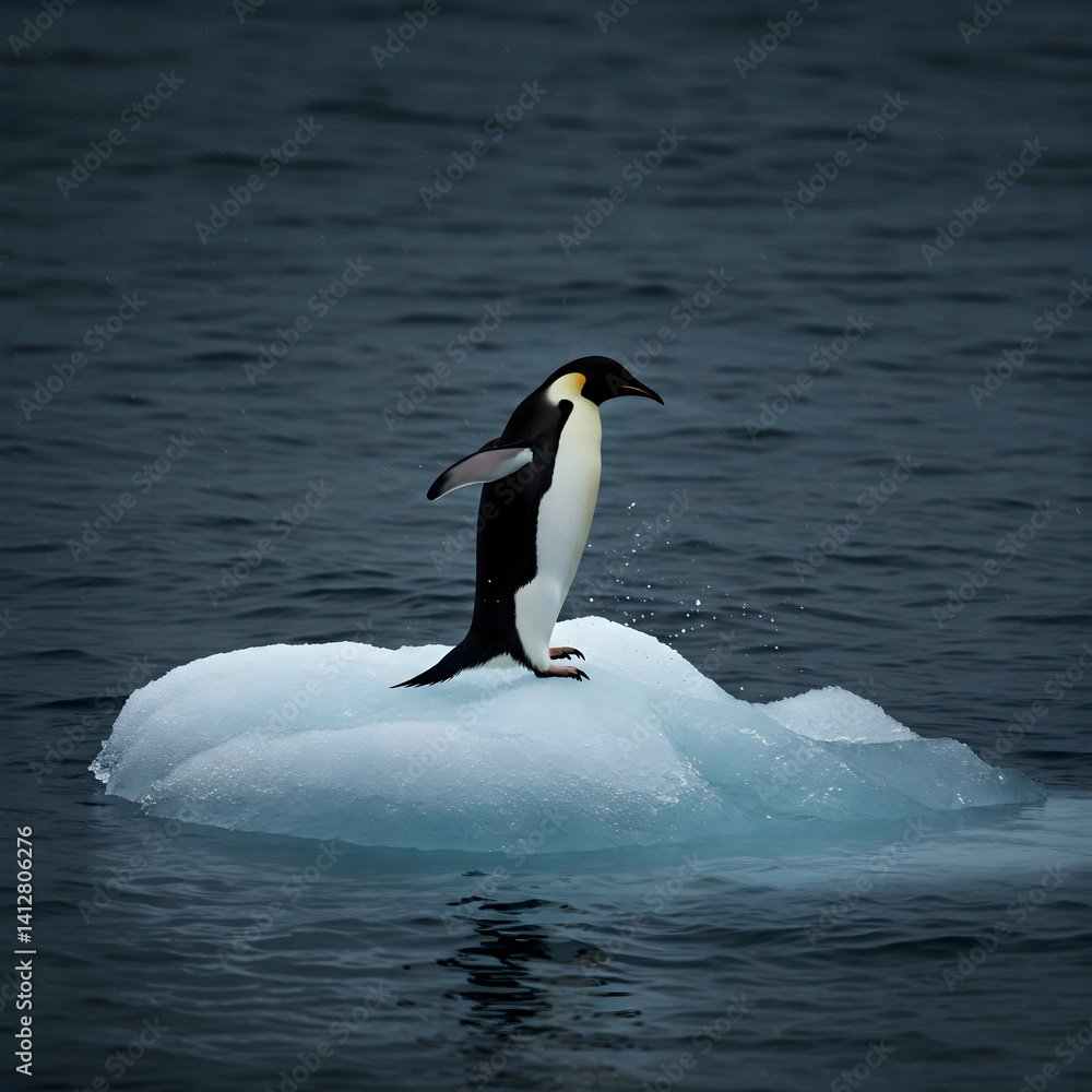 Obraz premium Solitary Penguin on Iceberg: An emperor penguin stands alone on an iceberg, a symbol of resilience amidst the vast, cold ocean.