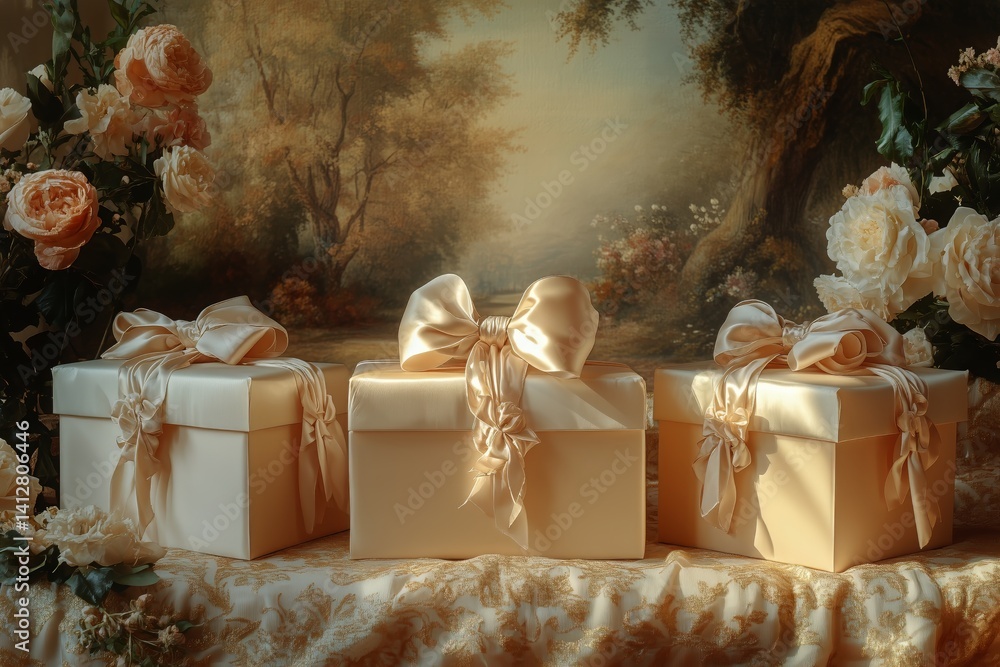 Elegant Gift Boxes With Bows Surrounded by Roses in a Serene Garden Setting