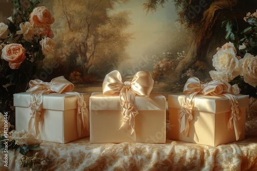 Obraz na płótnie Elegant Gift Boxes With Bows Surrounded by Roses in a Serene Garden Setting w salonie