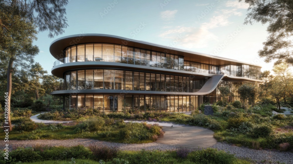 Modern Curving Office Building with Landscaped Grounds Modern Curving Office Building with Landscaped Grounds