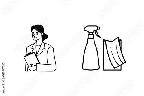 Cleaning Service Outline Icons With Female Professional Holding Checklist Spray Bottle And Cleaning Cloth