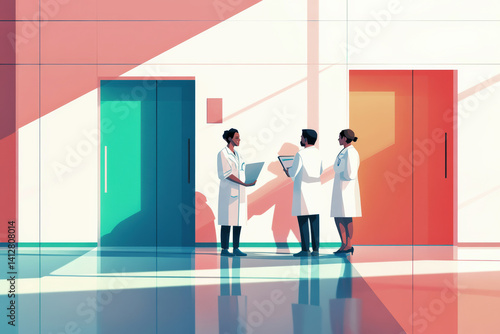 Digital illustration of three doctors talking in a hospital hallway – Professional scene in a clinical environment