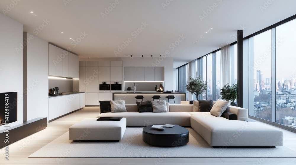 Fototapeta premium Modern Minimalist Apartment Interior with City View