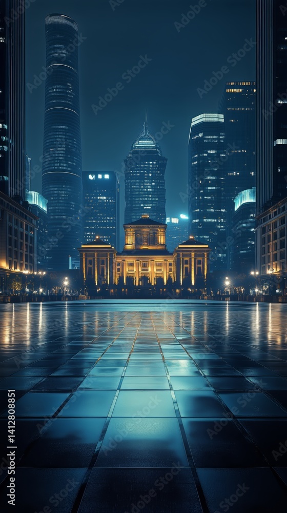 Vibrant Cityscape at Night Showcasing Urban Architecture and Illuminated Streets