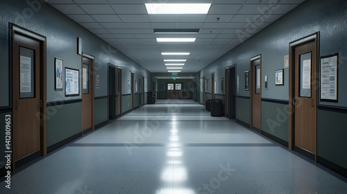 Empty School Corridor With Gray Walls And White Flooring