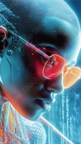 Futuristic Figure With Glowing Glasses Amidst Digital Backdrop in Vibrant Colors