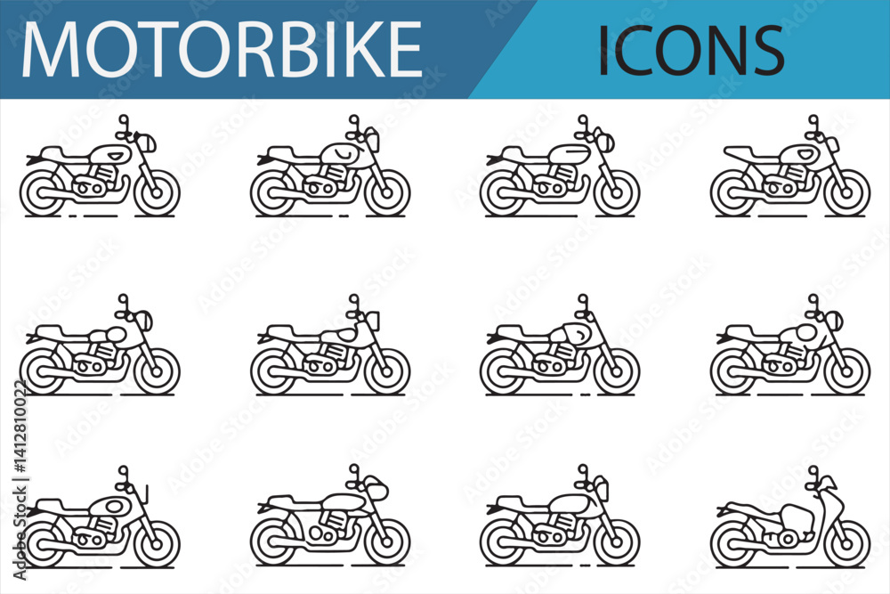 Obraz premium Motorbike icon set in line art, featuring different motorcycle styles.