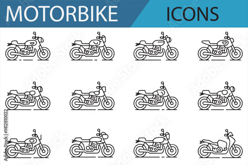 Motorbike icon set in line art, featuring different motorcycle styles.