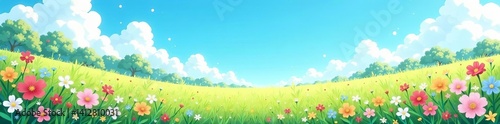 A serene pastel anime meadow with blooming wildflowers under a clear blue sky, meadow, pastel