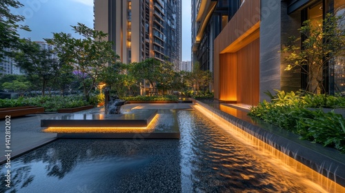 Modern Cityscape Water Feature at Dusk