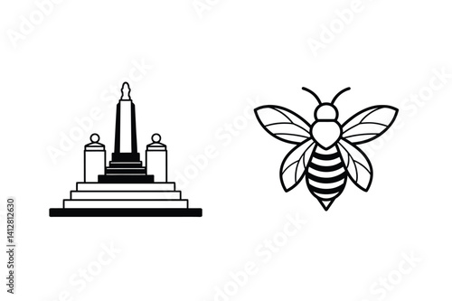Vector Illustration Of Monument And Bee In Black And White Style Simple Modern Design Elements Architecture And Insect