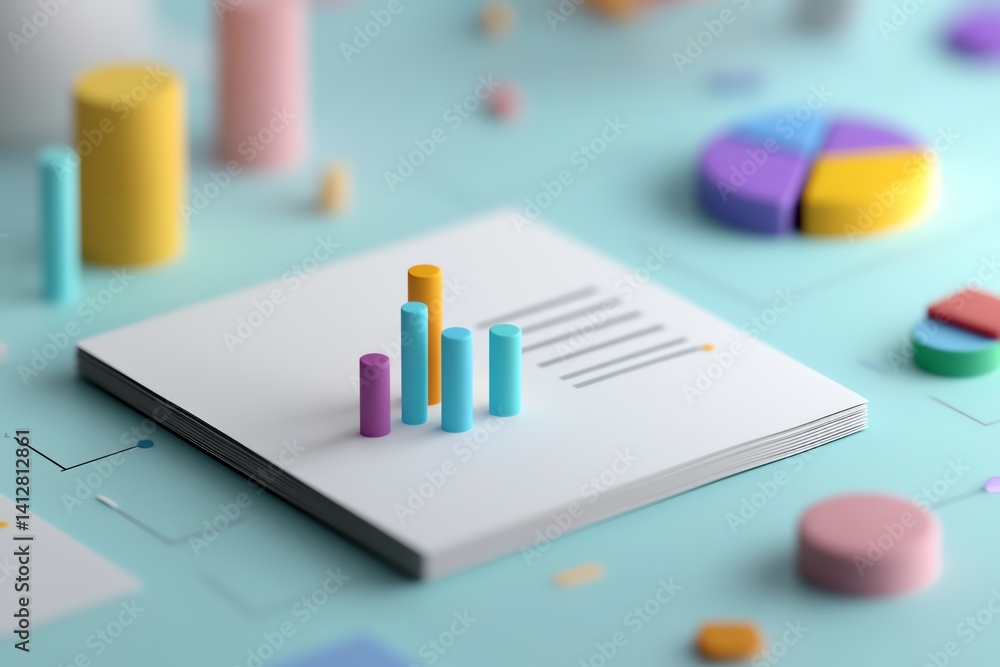 3D isometric report paper with mini bar and pie charts popping out