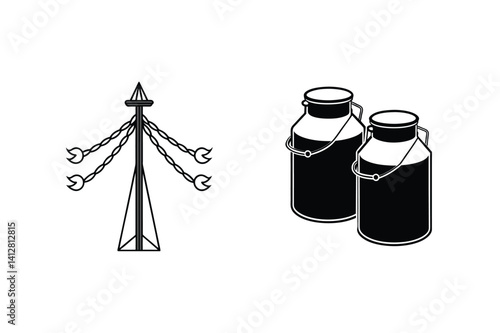 Minimalist Vector Illustration Featuring Maypole With Hanging Garlands And Milk Cans For Traditional Celebrations