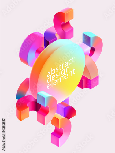 Geometric poster template of Multicolored 3D circles. Glass iridescent geometric shape.