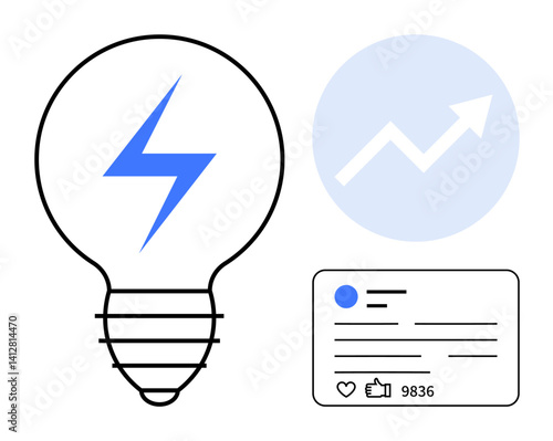 Light bulb symbolizing idea, upward graph for growth, and engaging social media post. Ideal for creativity, innovation, strategy, analytics, marketing, growth and simple landing page