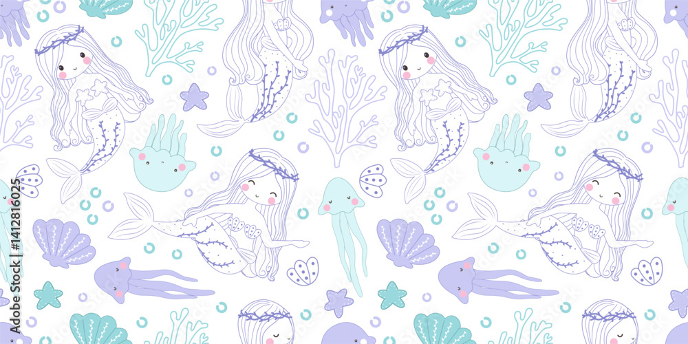 Adorable funny mermaid life seamless pattern Adorable funny mermaid life seamless pattern