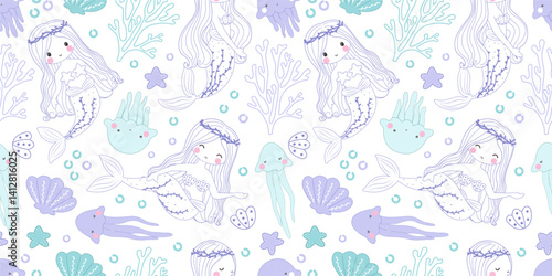 Adorable funny mermaid life seamless pattern