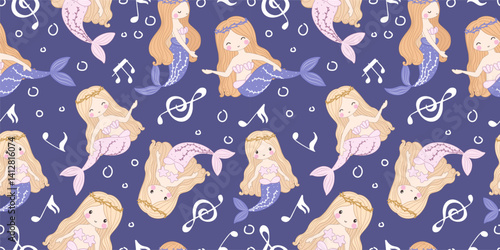 Adorable funny mermaid life seamless pattern
