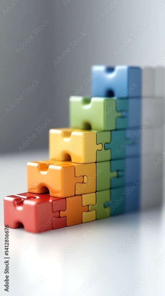 Obraz premium Growing colorful bar chart made of puzzle pieces connecting business sectors in 3D