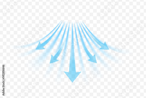 Light wind set of vector elements on transparent background. Dynamic blurred air flow movement
