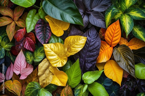 Foliage background with a variety of vibrant plant leaves showing a diverse ecosystem and the biodiversity of nature with unique gold plant leaves. Environmentally friendly or Earth day
