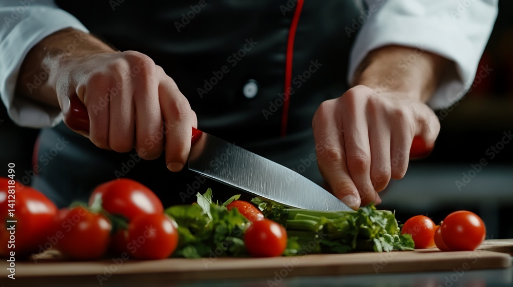 Culinary Artistry: Chef's Hands Precisely Chopping Fresh Herbs and Tomatoes Culinary Artistry: Chef's Hands Precisely Chopping Fresh Herbs and Tomatoes