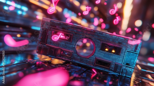 A pastel-colored cassette tape with vibrant neon notes floating around, evoking a nostalgic and musical atmosphere. photo