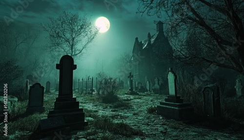 Eerie graveyard scene under moonlight, ancient tombstones, and haunted mansion