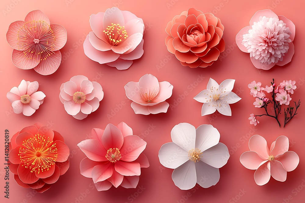 Collection Of Assorted Paper Flowers On Pink Background For Creative Projects Collection Of Assorted Paper Flowers On Pink Background For Creative Projects