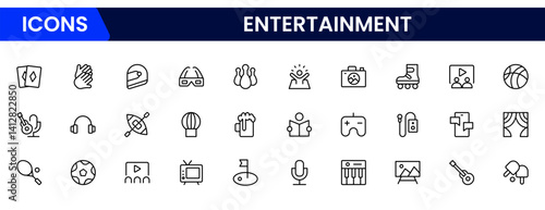 Entertainment and leisure thin black and red line icons set vector illustration. Outline cinema and theater symbols, museum and TV, masks of theater and popcorn for movies, carousel of the amusement p