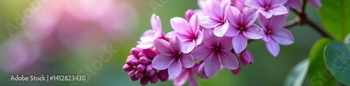 Close-up of branch of lilac flowers with green leaves in soft natural light, blooming, isolated
