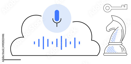 Cloud with voice recognition symbol and soundwaves, chess knight, and key evoke technology, security, strategy. Ideal for AI, innovation, decisions, privacy cloud computing voice tech flat simple