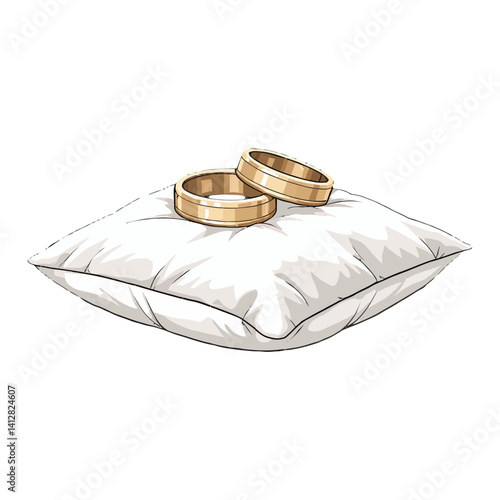 Two Gold Wedding Rings on a White Pillow Elegant Design Isolated Hand Drawn Vector Illustration