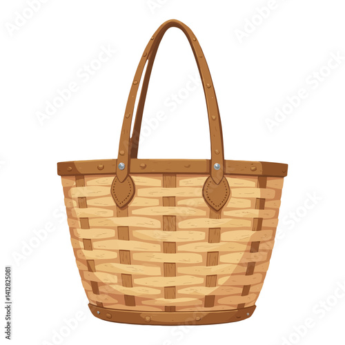 Wicker Beach Bag with Handles Isolated Hand Drawn Vector Illustration Basket for Travel Vacation