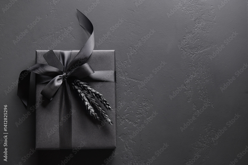 Black gift wrapped in paper with tag stylish decorating wheat ears on black surface. Present for Father Day. Black Friday. Top view. Copy space.