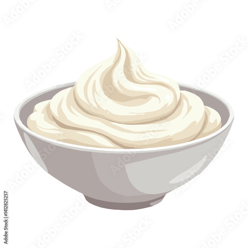 Sour Cream on a White Bowl Delicious Dairy Product Isolated Hand Drawn Vector Illustration