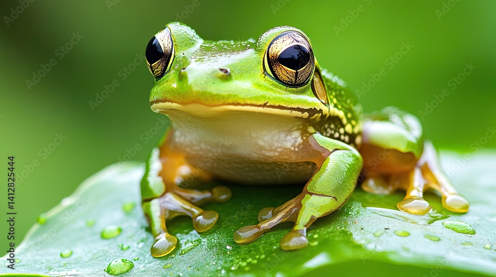 Frog sitting on a wet leaf in a spring pond, detailed texture, wildlife close-up photography Frog sitting on a wet leaf in a spring pond, detailed texture, wildlife close-up photography