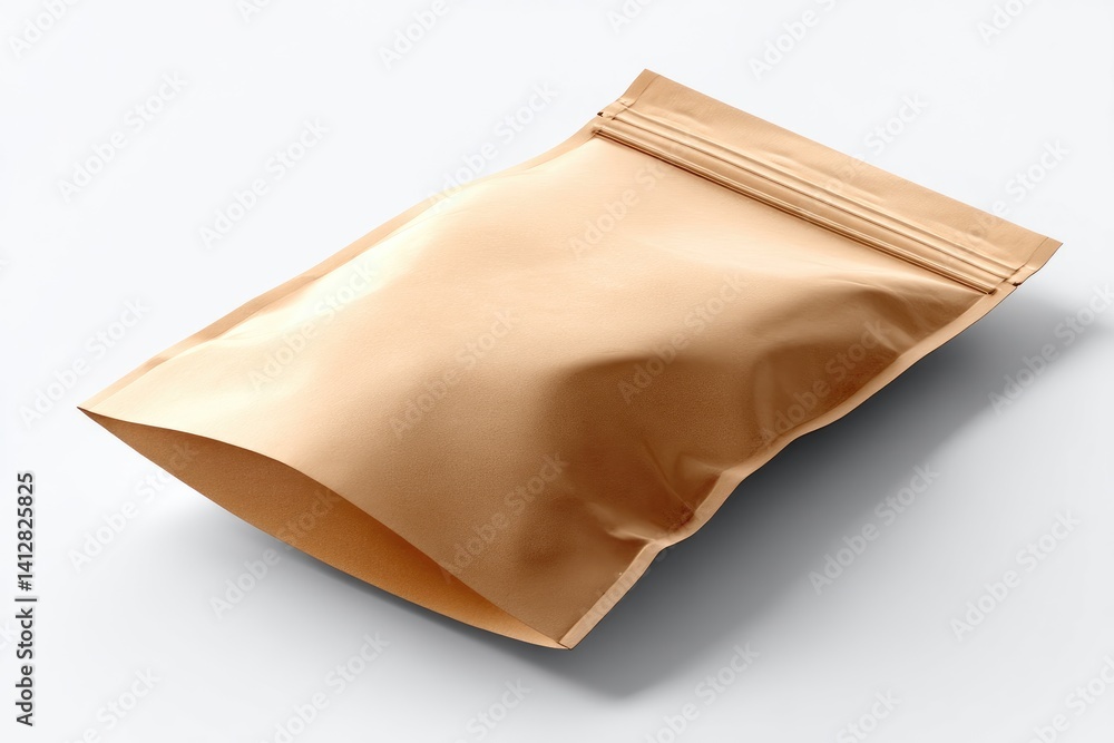 Beige metallic zippered pouch for storing food items. Beige metallic zippered pouch for storing food items.