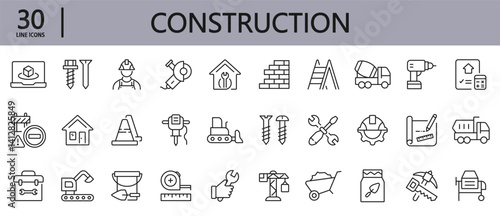 Construction line icons set with Industry, Crane, Worker, Building, Tool, Equipment, Engineering and more. Editable Stroke