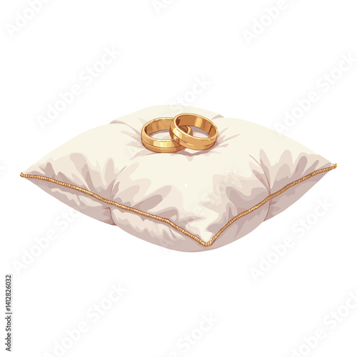 Gold Wedding Rings on a Pillow Isolated Hand Drawn Vector Illustration for Marriage and Love