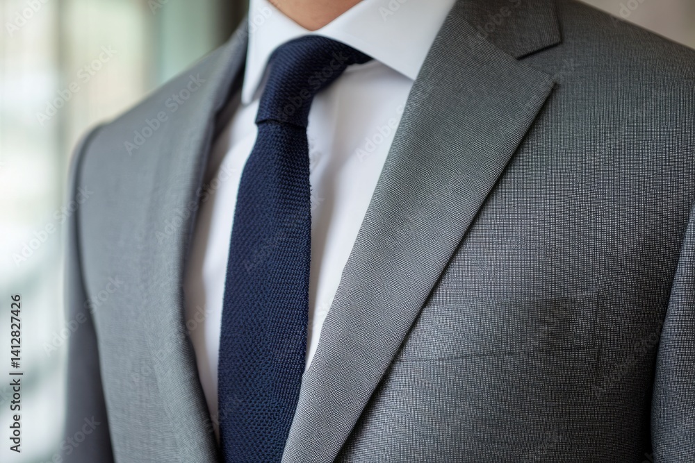Close-up of a tailored gray suit with a textured fabric, worn with a white shirt and a navy tie clean and professional composition, copy space, natural color, minimalism, stock photography Close-up of a tailored gray suit with a textured fabric, worn with a white shirt and a navy tie clean and professional composition, copy space, natural color, minimalism, stock photography